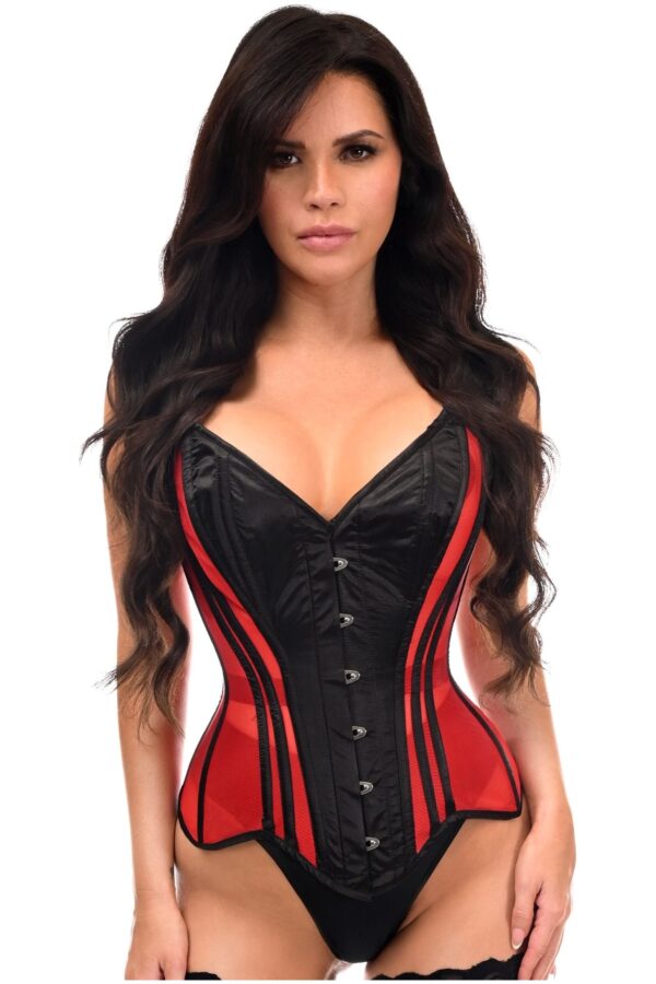 Top Drawer Red Mesh & Black Satin Steel Boned Overbust Corset