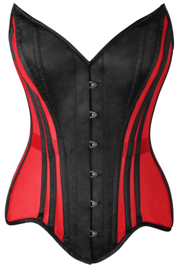 Top Drawer Red Mesh & Black Satin Steel Boned Overbust Corset - Image 5