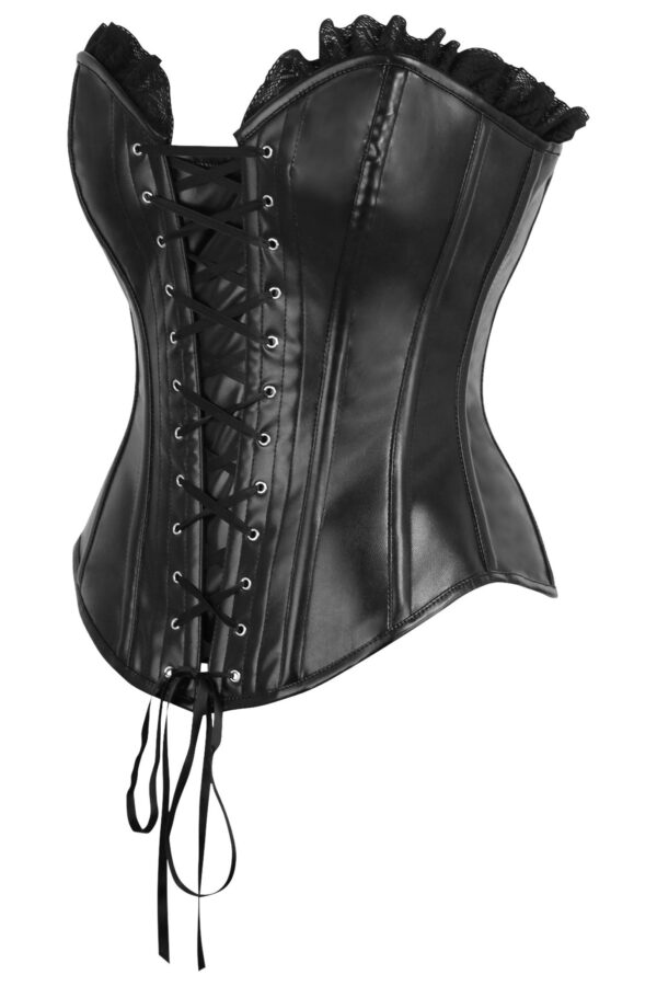 Top Drawer Black Faux Leather & Black Lace Trim Lace-Up Steel Boned Corset - Image 2