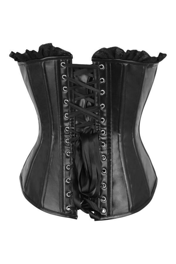 Top Drawer Black Faux Leather & Black Lace Trim Lace-Up Steel Boned Corset - Image 3