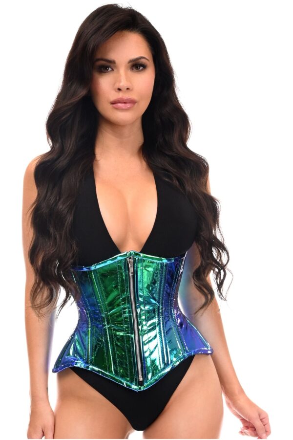 Top Drawer Blue/Teal Holo Double Steel Boned Underbust Waist Cincher Corset