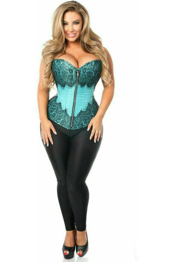 Top Drawer Teal Brocade Steel Boned Corset w/Black Eyelash Lace - Image 7