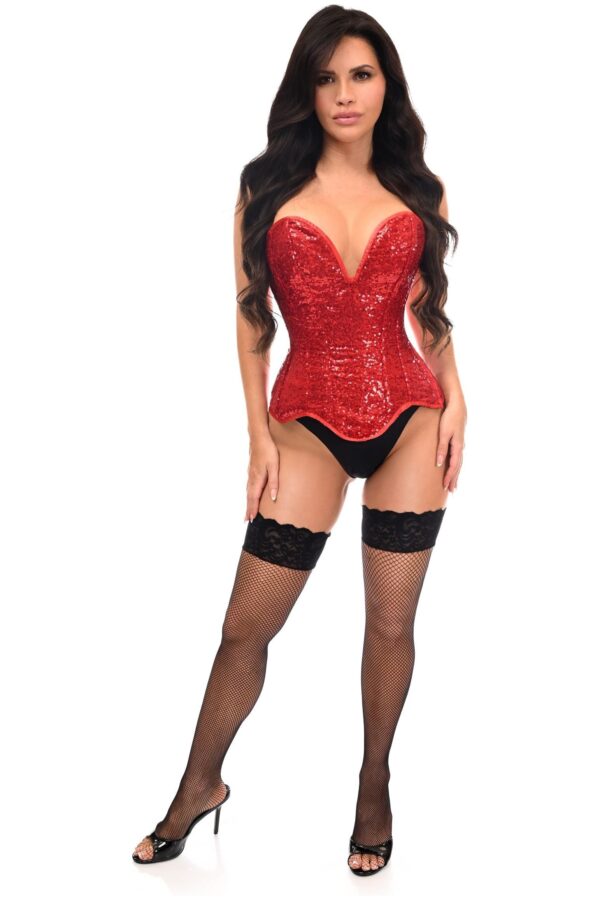Top Drawer Steel Boned Red Sequin Plunge Neckline Overbust Corset - Image 3