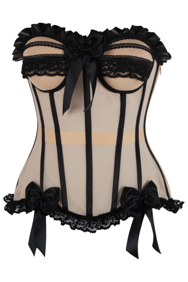 Top Drawer Steel Boned Nude & Black Mesh Underwire Bustier Corset - Image 5