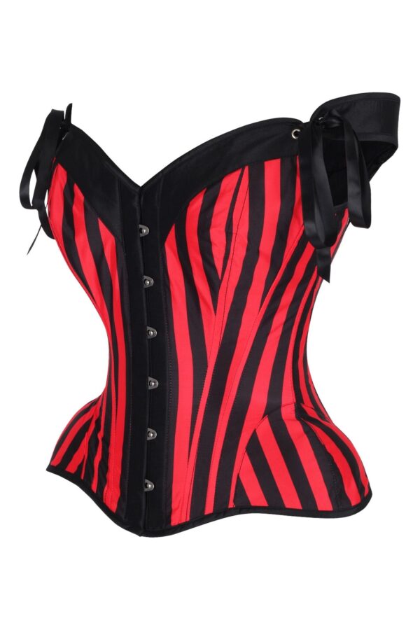 Top Drawer Red/Black Striped Steel Boned Corset w/Straps - Image 2