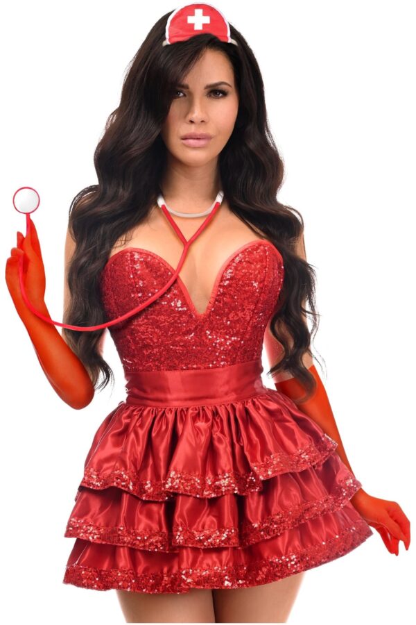 Top Drawer 5 PC Red Sequin Nurse Corset Costume - Image 3