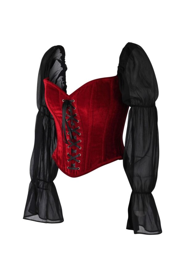 Top Drawer Dark Red Velvet Steel Boned Corset w/Sleeves - Image 2