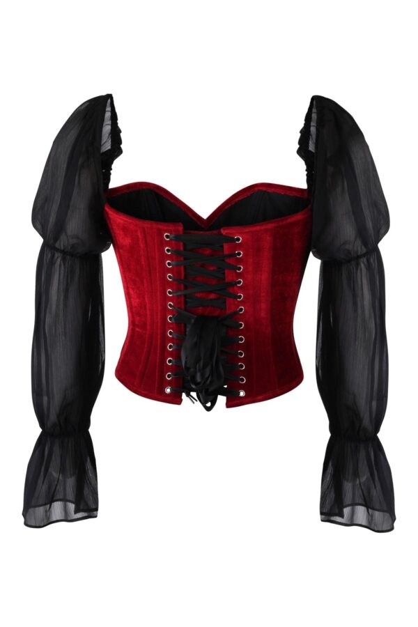 Top Drawer Dark Red Velvet Steel Boned Corset w/Sleeves - Image 3