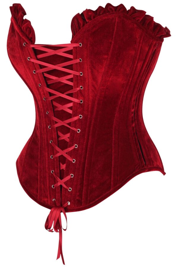 Top Drawer Dark Red Velvet Lace-Up Steel Boned Overbust Corset - Image 2