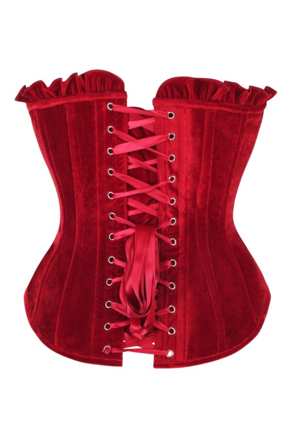 Top Drawer Dark Red Velvet Lace-Up Steel Boned Overbust Corset - Image 3