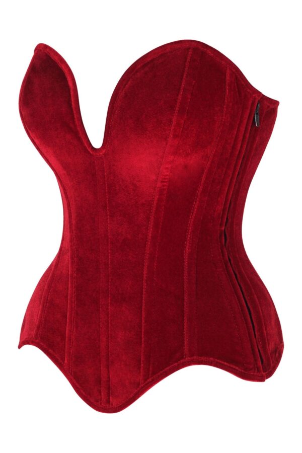 Top Drawer Steel Boned Dark Red Velvet Plunge Neckline Overbust Corset - Image 2