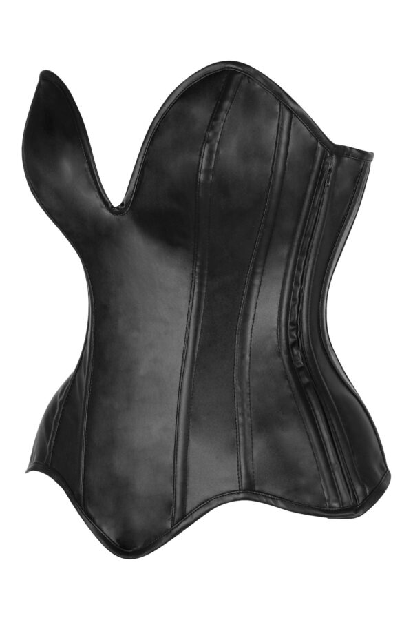 Top Drawer Steel Boned Black Faux Leather Plunge Neckline Overbust Corset - Image 2