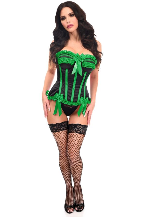 Top Drawer Black/Green Satin Steel Boned Burlesque Corset - Image 3