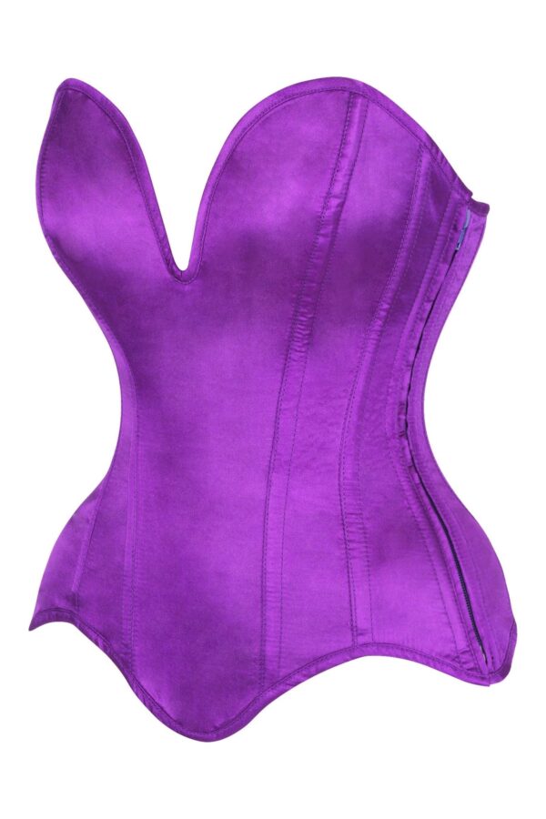 Top Drawer Steel Boned Purple Satin Plunge Neckline Overbust Corset - Image 2