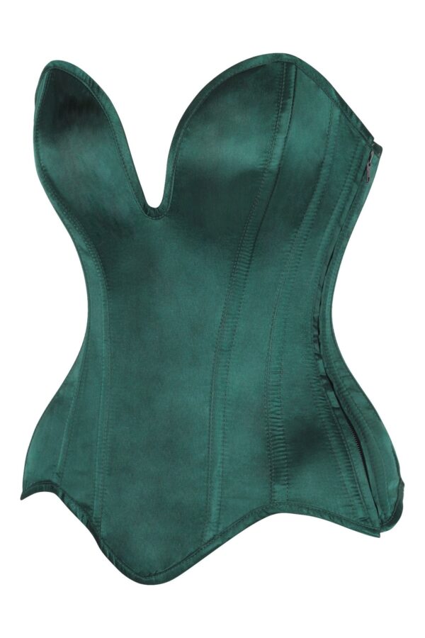 Top Drawer Steel Boned Dark Green Satin Plunge Neckline Overbust Corset - Image 2