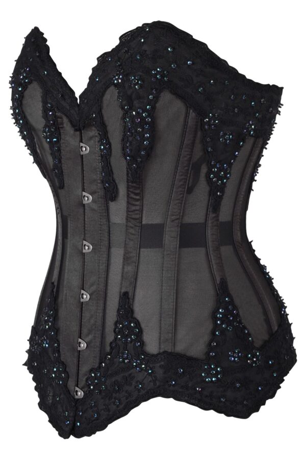 Top Drawer Sheer Black Mesh & Beaded Steel Boned Overbust Corset - Image 2