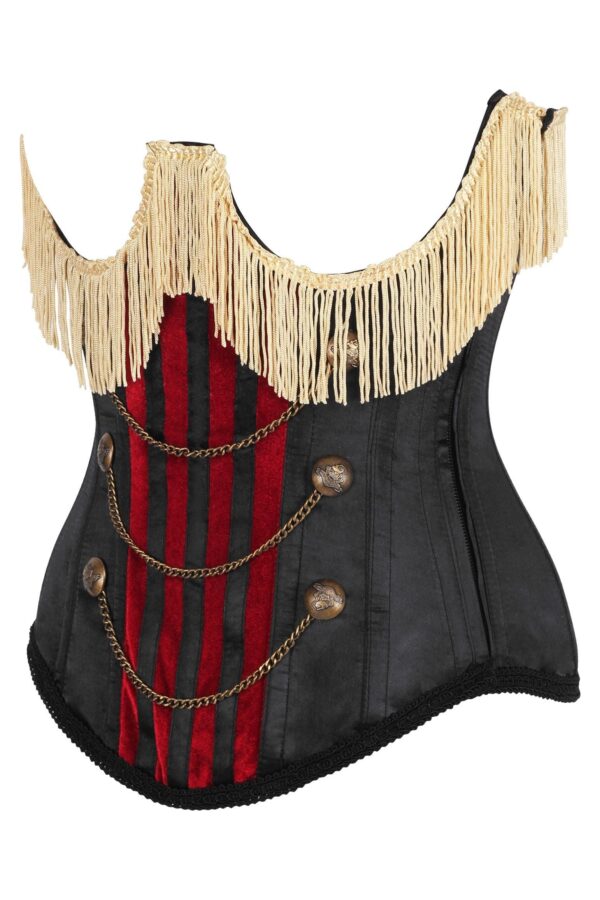 Top Drawer Burlesque Underbust Black/Dark Red Steel Boned Corset w/Gold Fringe - Image 2