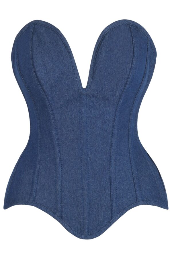 Top Drawer Steel Boned Dark Blue Denim Plunge Neckline Overbust Corset