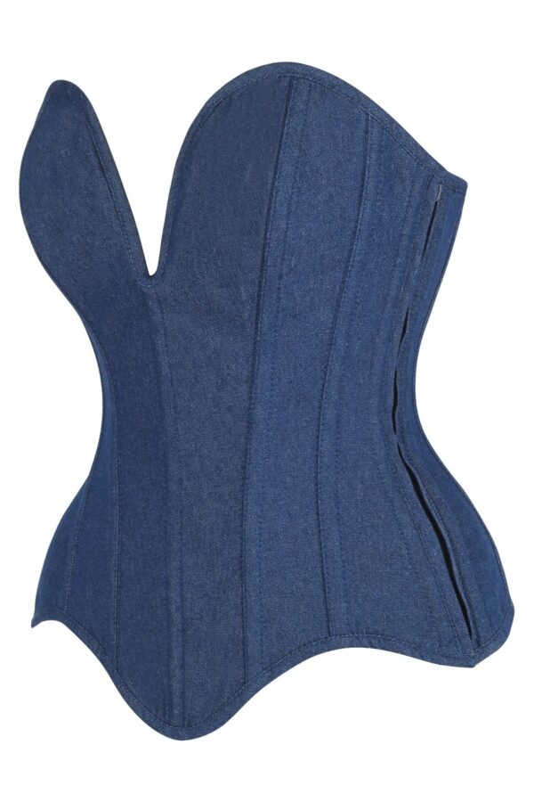 Top Drawer Steel Boned Dark Blue Denim Plunge Neckline Overbust Corset - Image 2