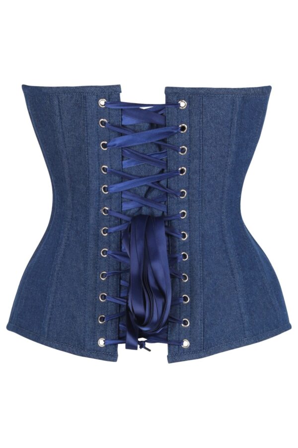 Top Drawer Steel Boned Dark Blue Denim Plunge Neckline Overbust Corset - Image 3