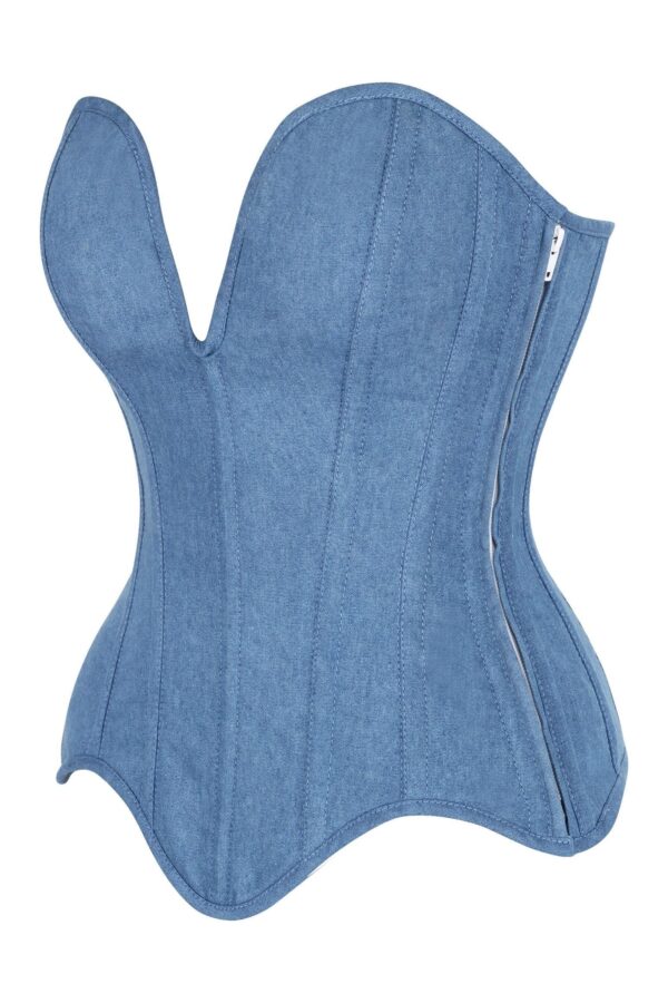 Top Drawer Steel Boned Blue Denim Plunge Neckline Overbust Corset - Image 2