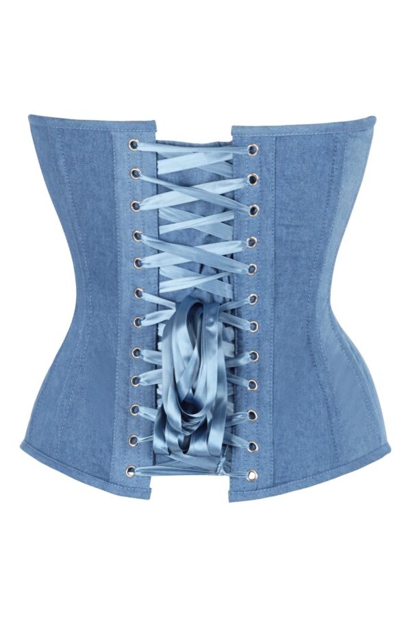 Top Drawer Steel Boned Blue Denim Plunge Neckline Overbust Corset - Image 3