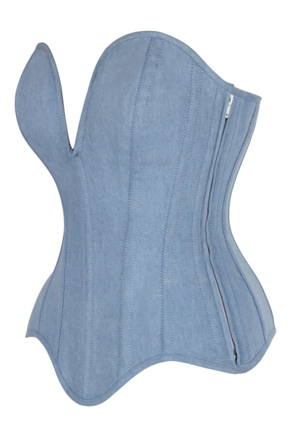 Top Drawer Steel Boned Light Blue Denim Plunge Neckline Overbust Corset - Image 2