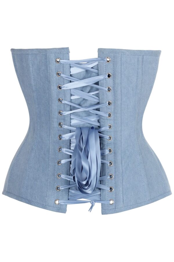 Top Drawer Steel Boned Light Blue Denim Plunge Neckline Overbust Corset - Image 3